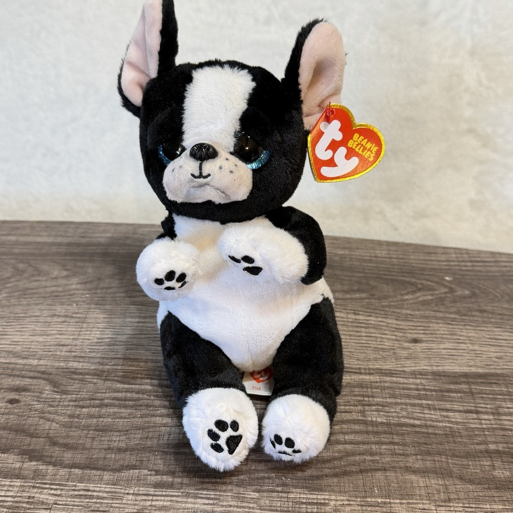Ty Beanie Bellies Tink Black & White Dog Plush Beanbag Stuffed Animal Blue Eyes